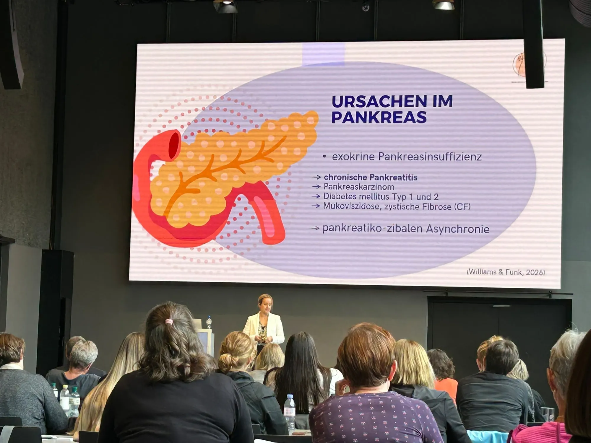 Jelina Linder hält einen Vortrag vor Publikum, auf der Leinwand eine Folie zu Ursachen im Pankreas